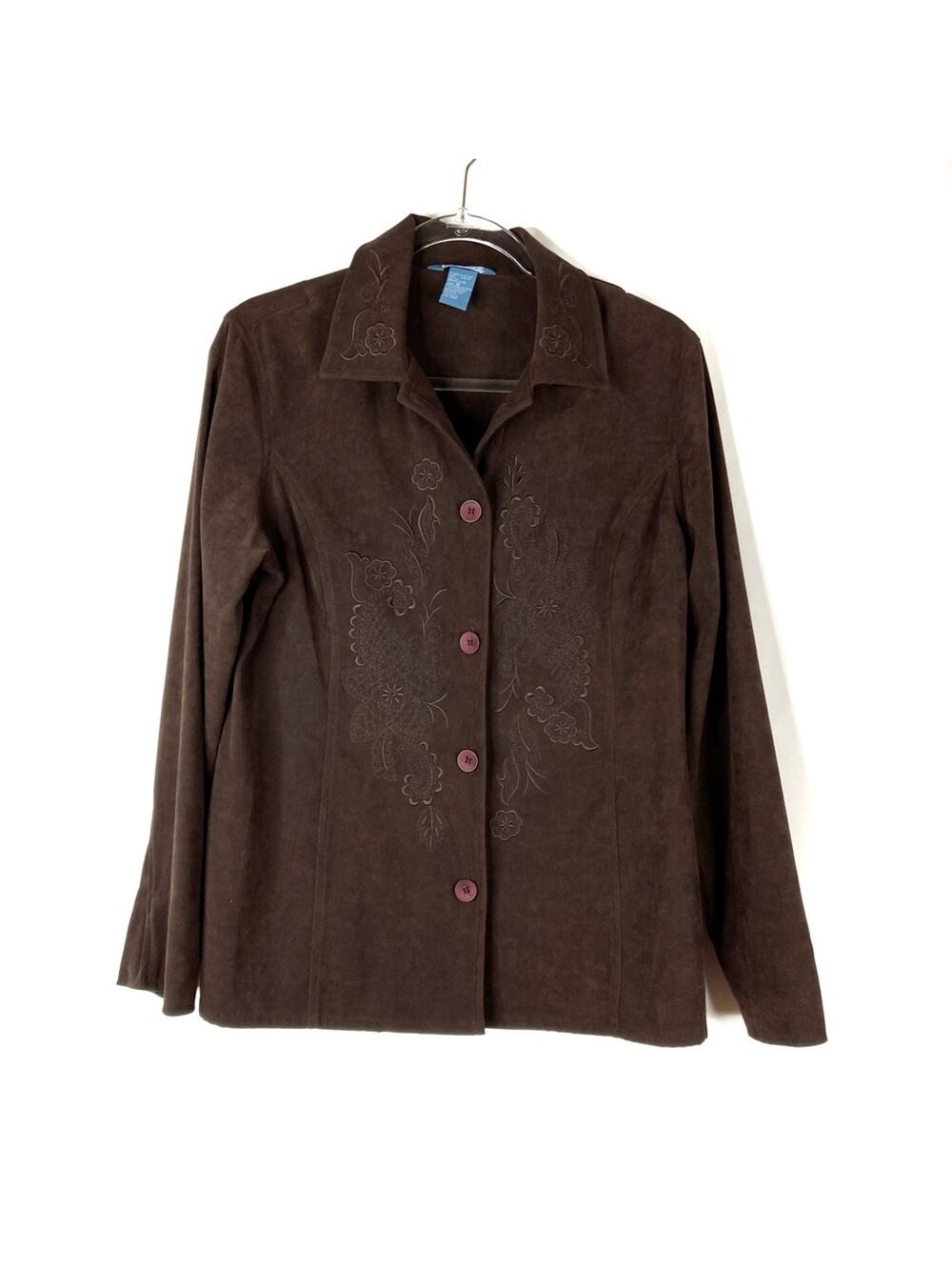 Koret Brown Faux Suede Western Embroidered Long Sleeve Button Up Jacket Medium